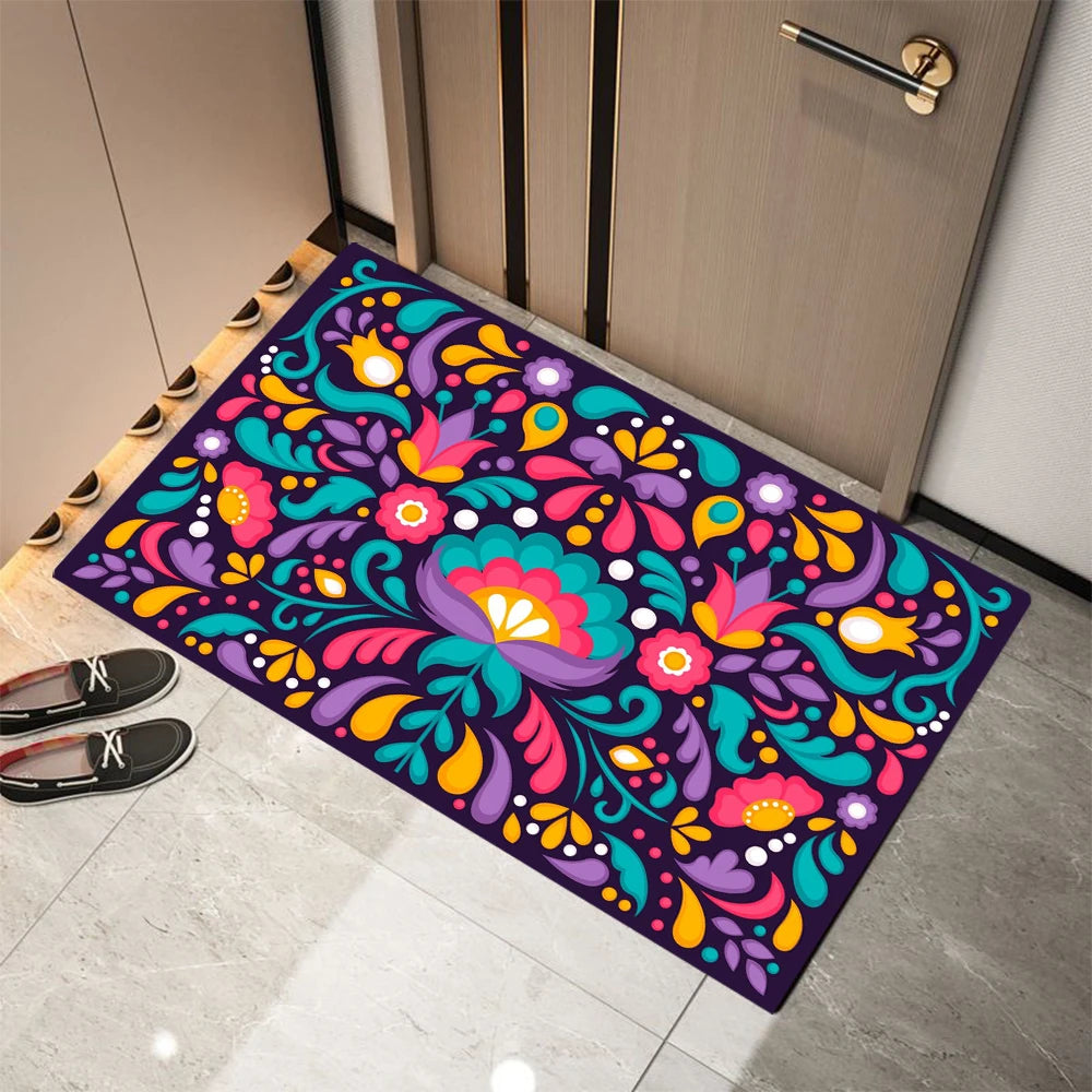 Mexican-style Flower Print Welcome Doormat Non-Slip Machine Washable Carpet