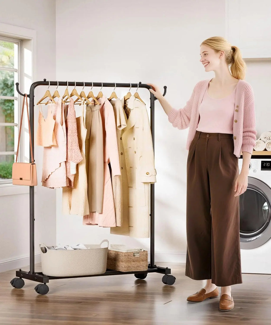 Portable Rolling Clothes Rack with Hooks: Garment Storage for Bedroom, Laundry Room